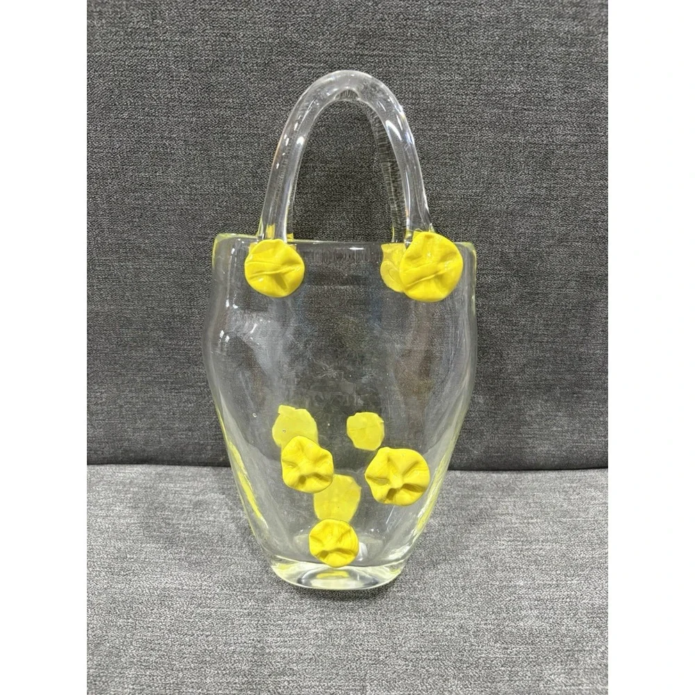 Vintage Art Glass Purse Vase Clear‎ with Yellow Flower Accents Hand Blown 9.5